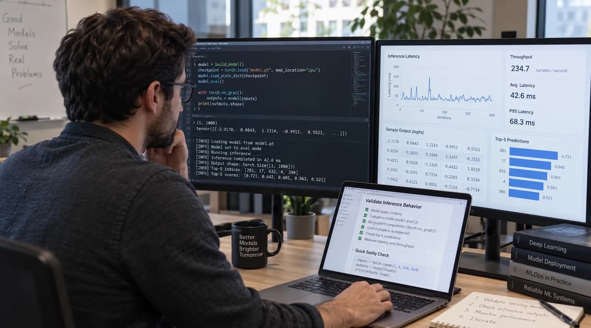 Machine learning engineer validating PyTorch evaluation and inference mode behavior on multiple monitors
