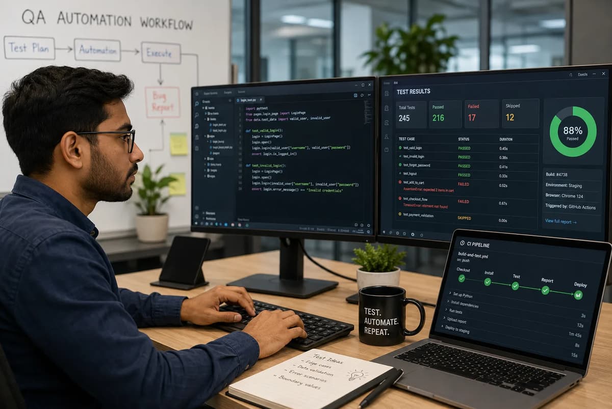 QA automation engineer working on automated software tests and reviewing test results on multiple monitors