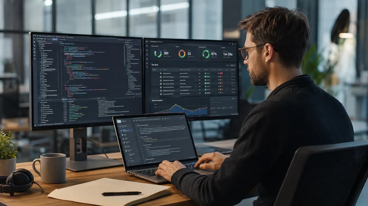 QA automation engineer reviewing AI-assisted test code and automated testing results on multiple monitors