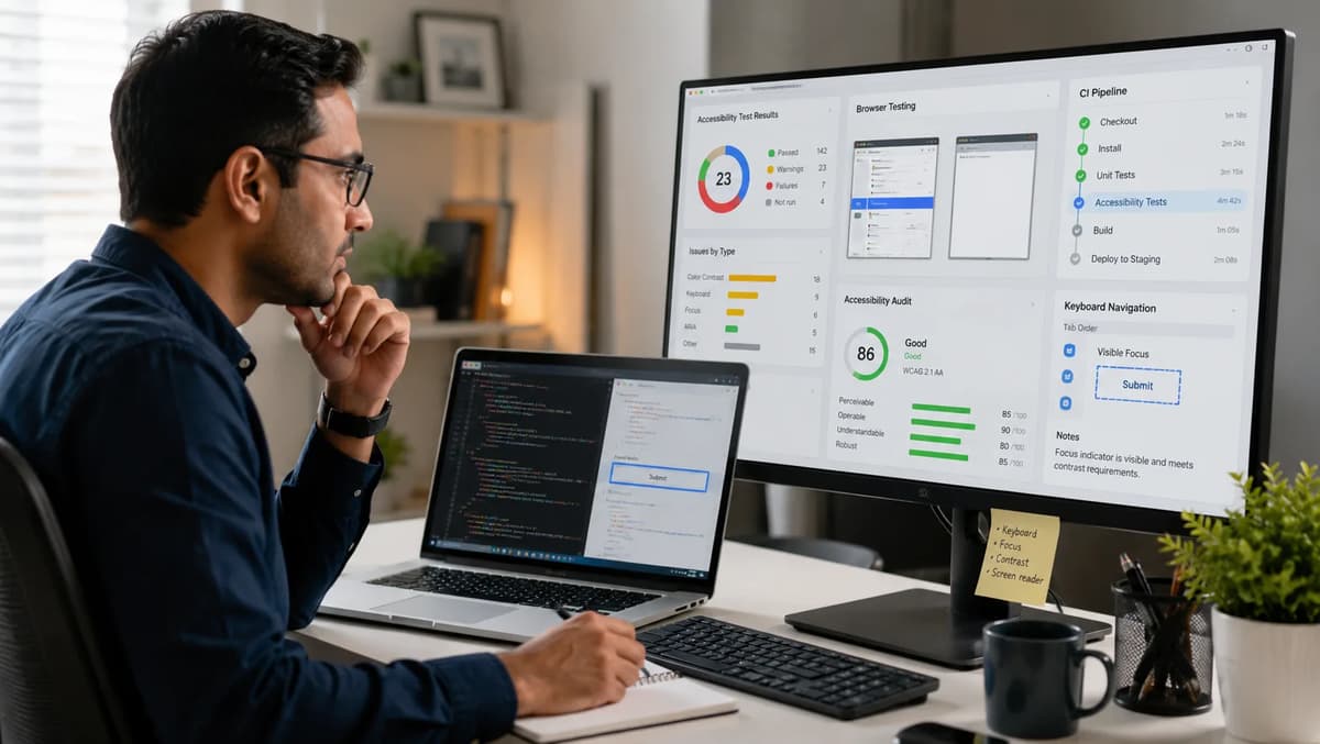 QA automation engineer reviewing axe-core accessibility test results and a CI pipeline on computer screens