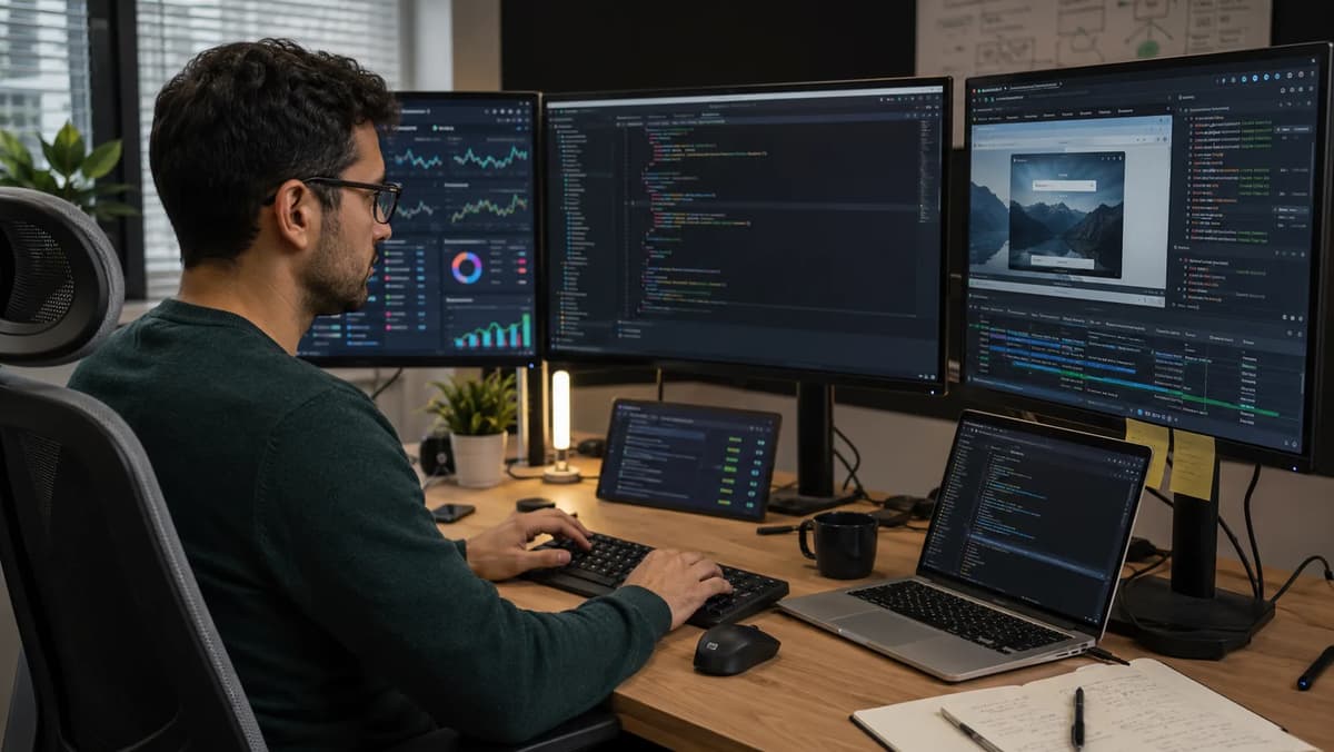 QA automation engineer monitoring browser tests, code, event logs, and CI dashboards during a CDP-to-WebDriver-BiDi migration