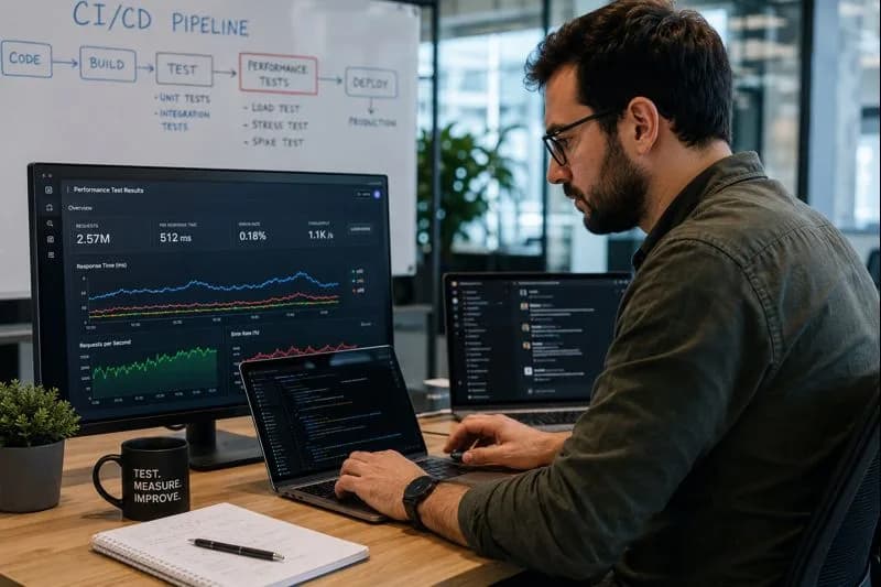 QA automation engineer monitoring continuous performance test results and CI/CD pipeline metrics at a workstation