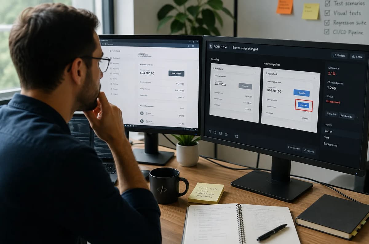 QA automation engineer reviewing a visual regression test diff between baseline and updated UI snapshots