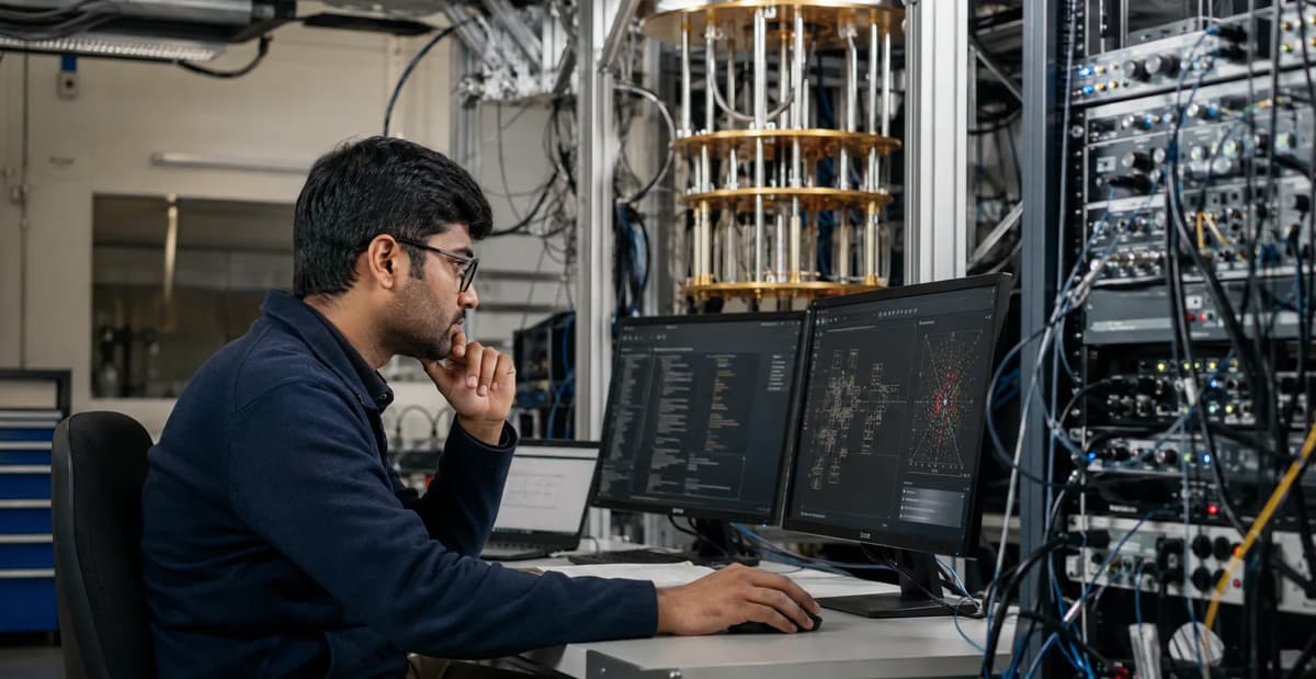 Quantum computing engineer working at a computer beside cryogenic hardware in a modern research laboratory