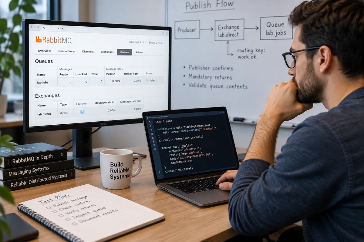 Backend developer reviewing RabbitMQ publisher confirms and an empty queue on multiple screens
