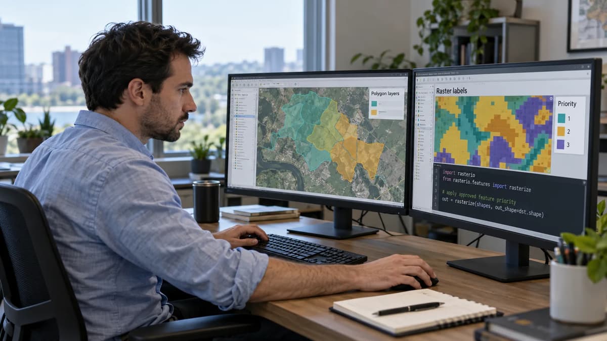 Geospatial engineer comparing overlapping polygon layers and raster class labels on a computer screen.