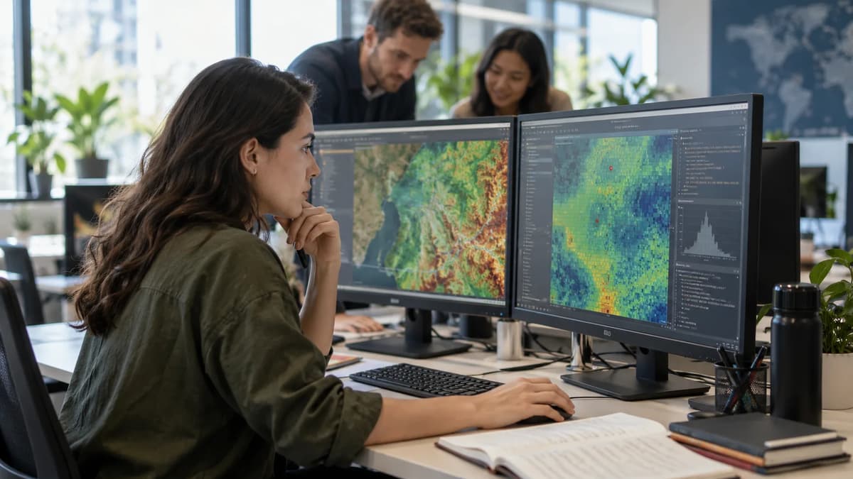 Geospatial analysts checking raster boundaries, sample coordinates, and validity masks on desktop monitors.