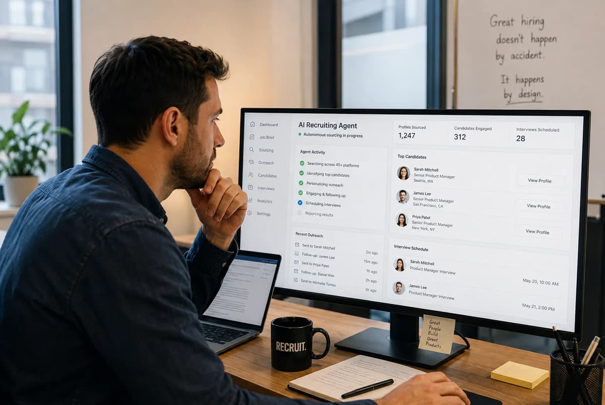 Technical recruiter reviewing an autonomous AI sourcing dashboard that finds candidates, sends outreach, and schedules interviews