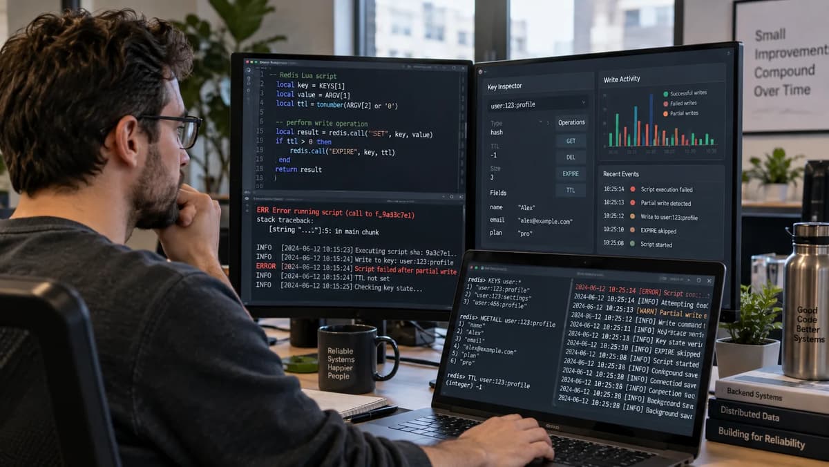 Backend engineer debugging Redis Lua script errors and retained writes across multiple monitors