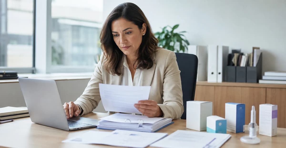 Regulatory affairs specialist reviewing compliance documents and medical product submissions in a modern office