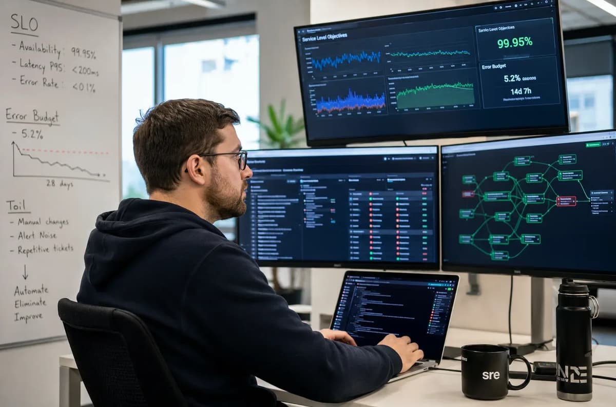 Site reliability engineer at work reviewing SLOs, error budgets, and production monitoring dashboards
