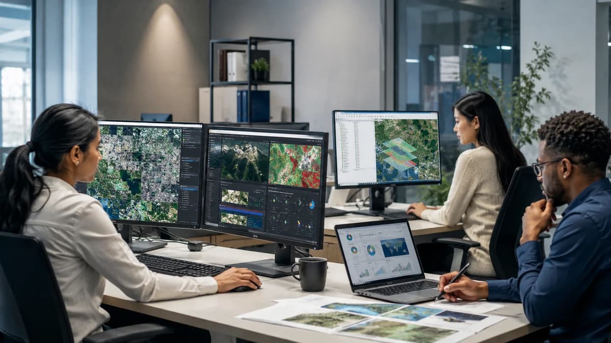 Three geospatial professionals analyzing satellite imagery, GIS maps, and data dashboards in a modern office.