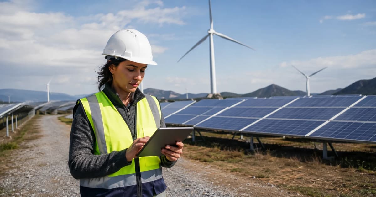 Renewable energy engineer reviewing utility-scale solar and wind project designs
