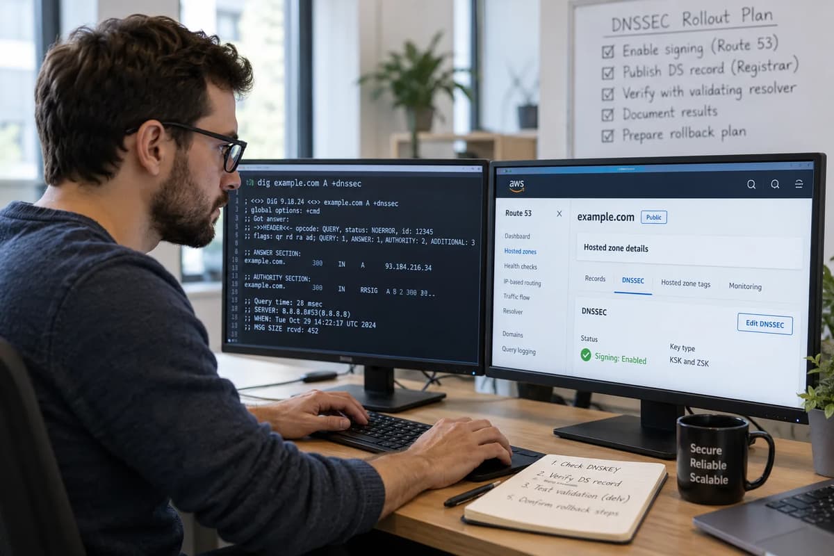 Cloud engineer validating Route 53 DNSSEC signing, parent DS records, and resolver evidence at a dual-monitor workstation