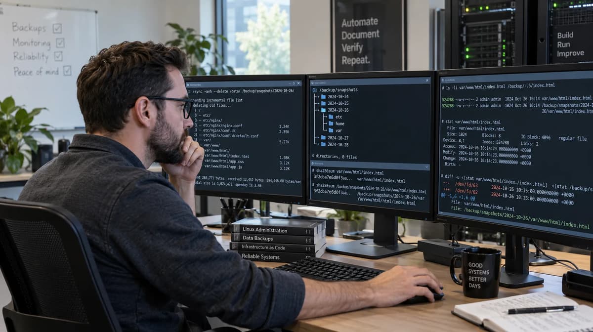 Linux system administrator reviewing rsync backup generations, shared inodes, and file hashes on a workstation.