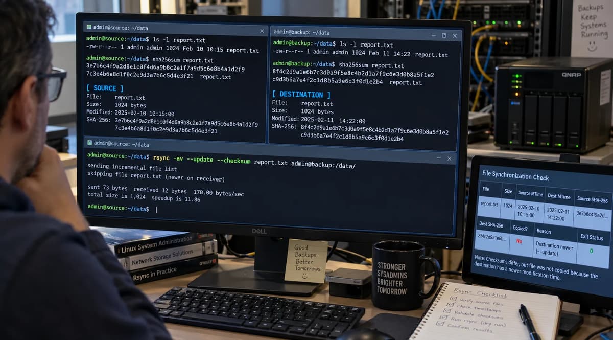 Two system administrators reviewing rsync output, file timestamps, and SHA-256 checksums on dual monitors.