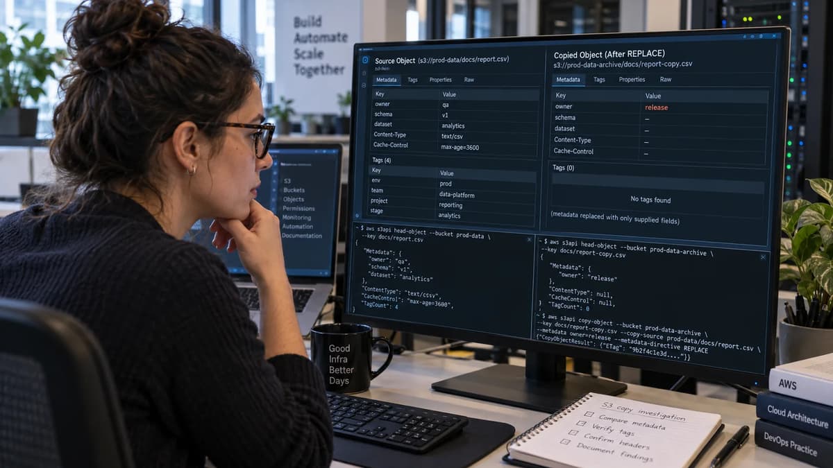Cloud engineer comparing S3 source and copied object metadata, cache headers, and tags at a workstation.