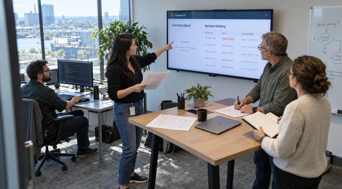 Four cloud engineers reviewing an Amazon S3 delete marker and retained object versions on an office display.