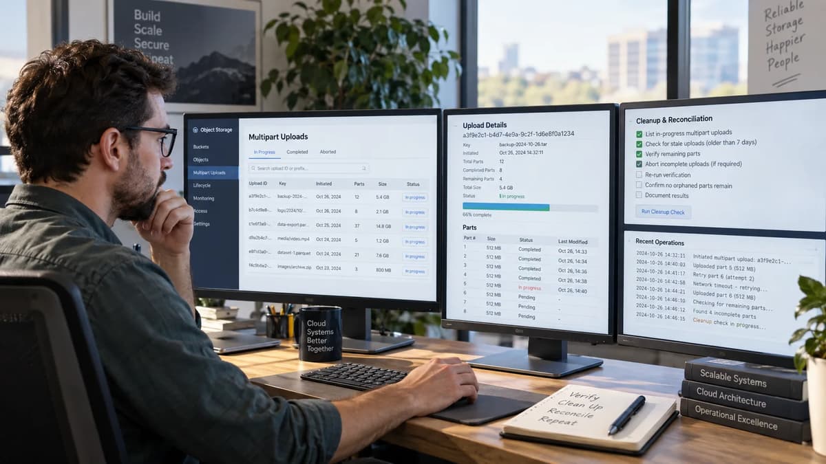 Cloud engineer reviewing S3 multipart upload cleanup and checking for remaining parts at a workstation.