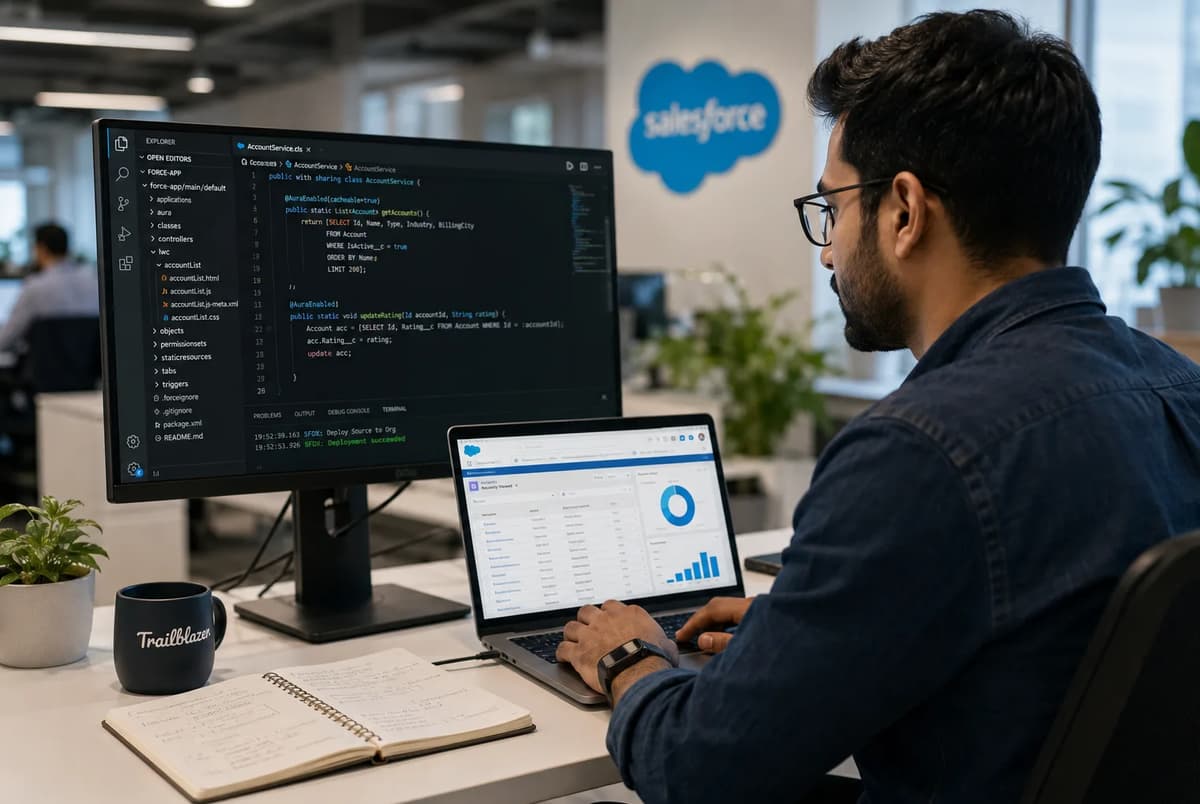 Salesforce developer working with Apex code, CRM dashboards, and system integrations in a modern office