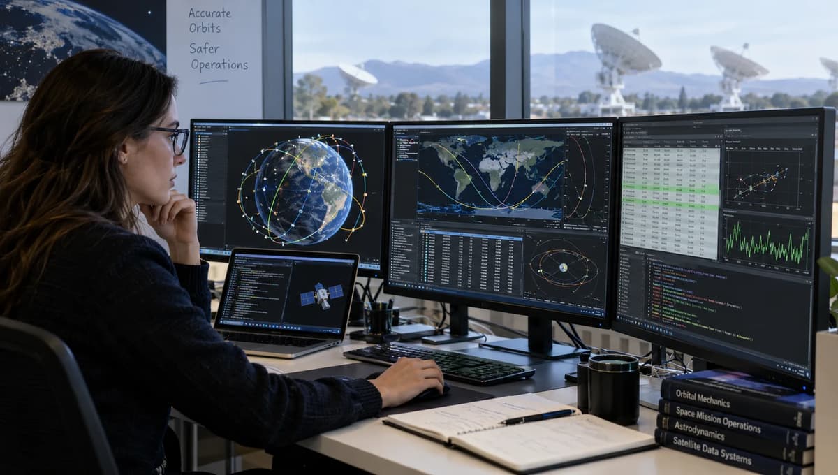 Satellite operations engineer monitoring orbital data and satellite trajectories from a ground control workstation