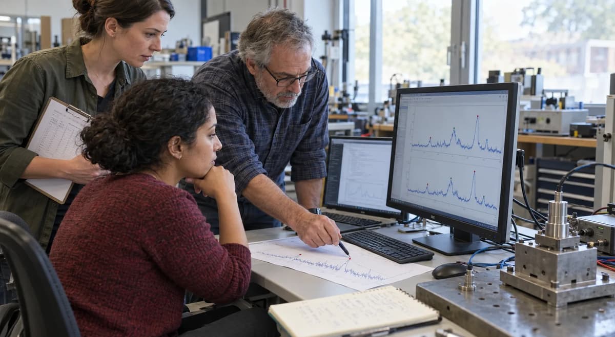 Three engineers review signal peaks on computer monitors and a printed waveform in a measurement laboratory.