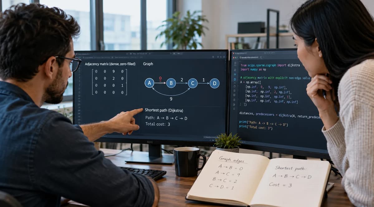 Two scientific software engineers reviewing a SciPy graph with a zero-cost edge and shortest-path results on dual monitors