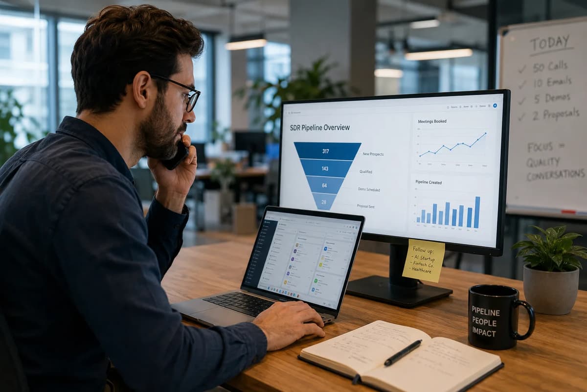 Sales development representative reviewing an SDR pipeline dashboard while speaking with a prospect in a modern office.