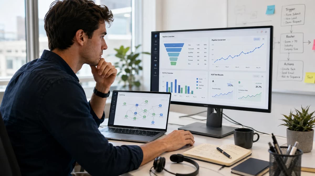 Sales professional analyzing CRM automation, pipeline funnels, and A/B test results in a modern office