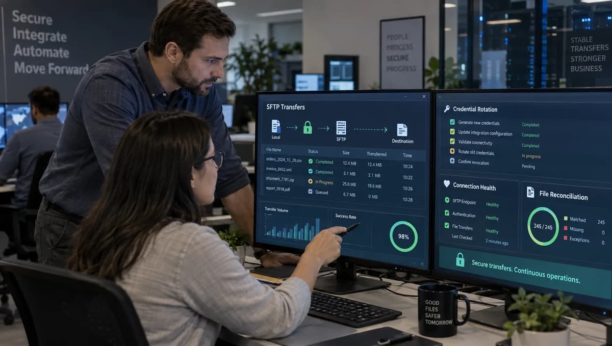Cloud security and integration teams coordinating an SFTP credential rotation while monitoring transfer status and file reconciliation dashboards