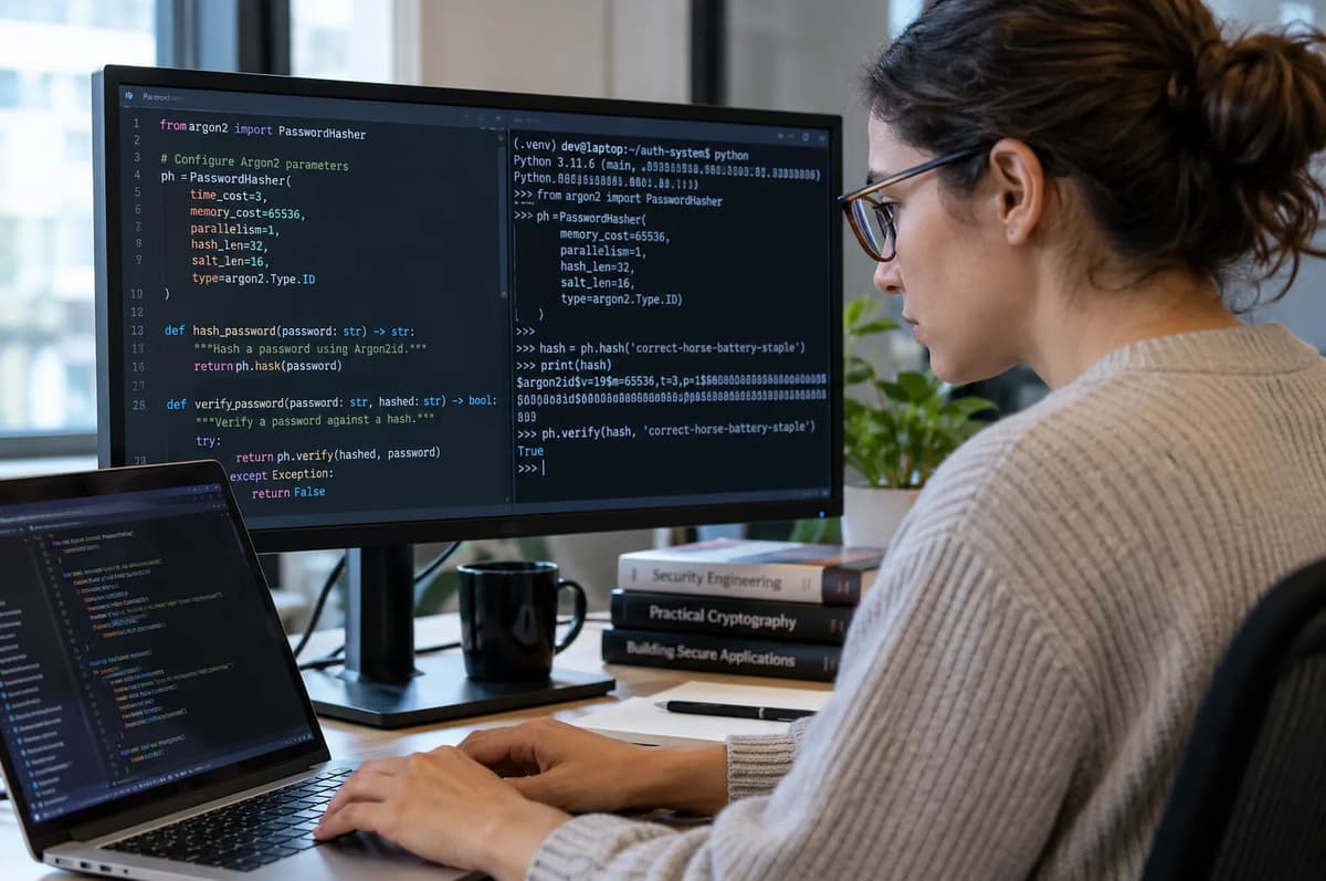 Application security engineer testing Argon2 password rehash code in Python to prevent a stale database update from overwriting a newer password reset