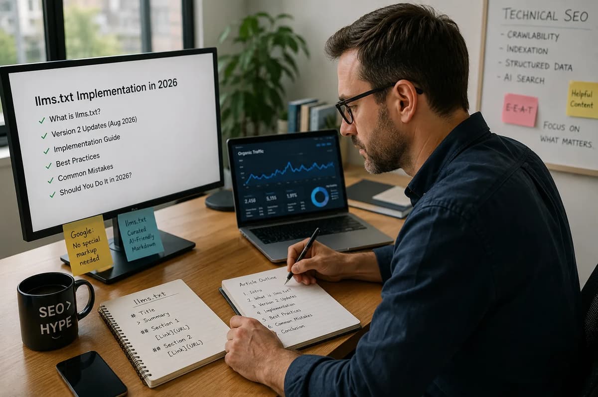 SEO specialist implementing an llms.txt file while reviewing AI search performance data at his desk