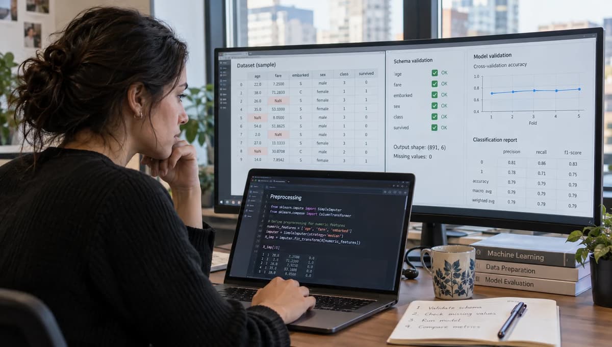 Machine learning engineer validating SimpleImputer output columns, missing-value handling, and model schema on multiple screens