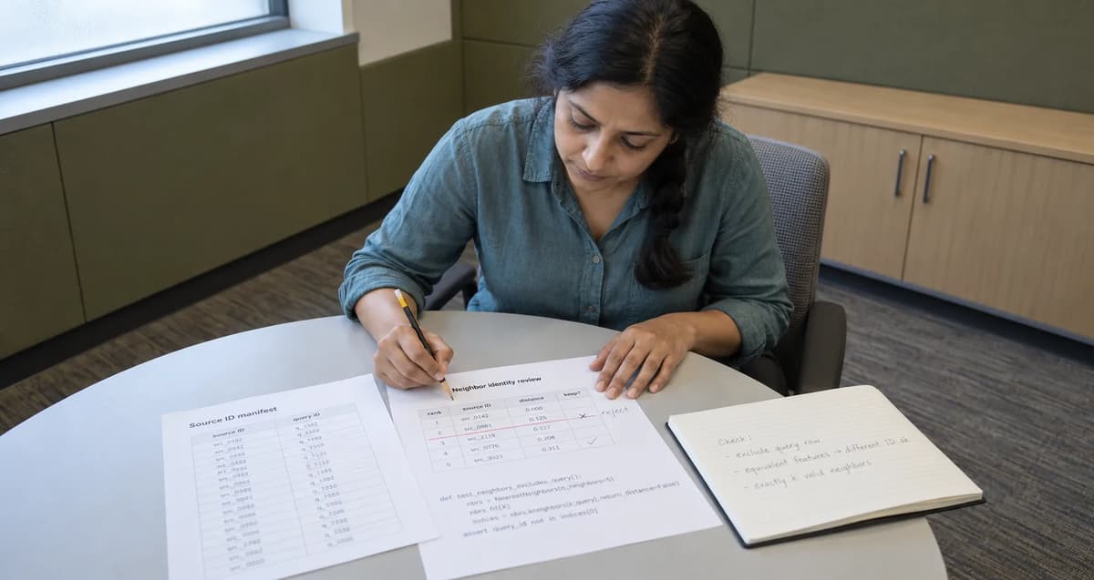 Machine-learning engineer checking source row IDs and annotating a printed nearest-neighbor test report.