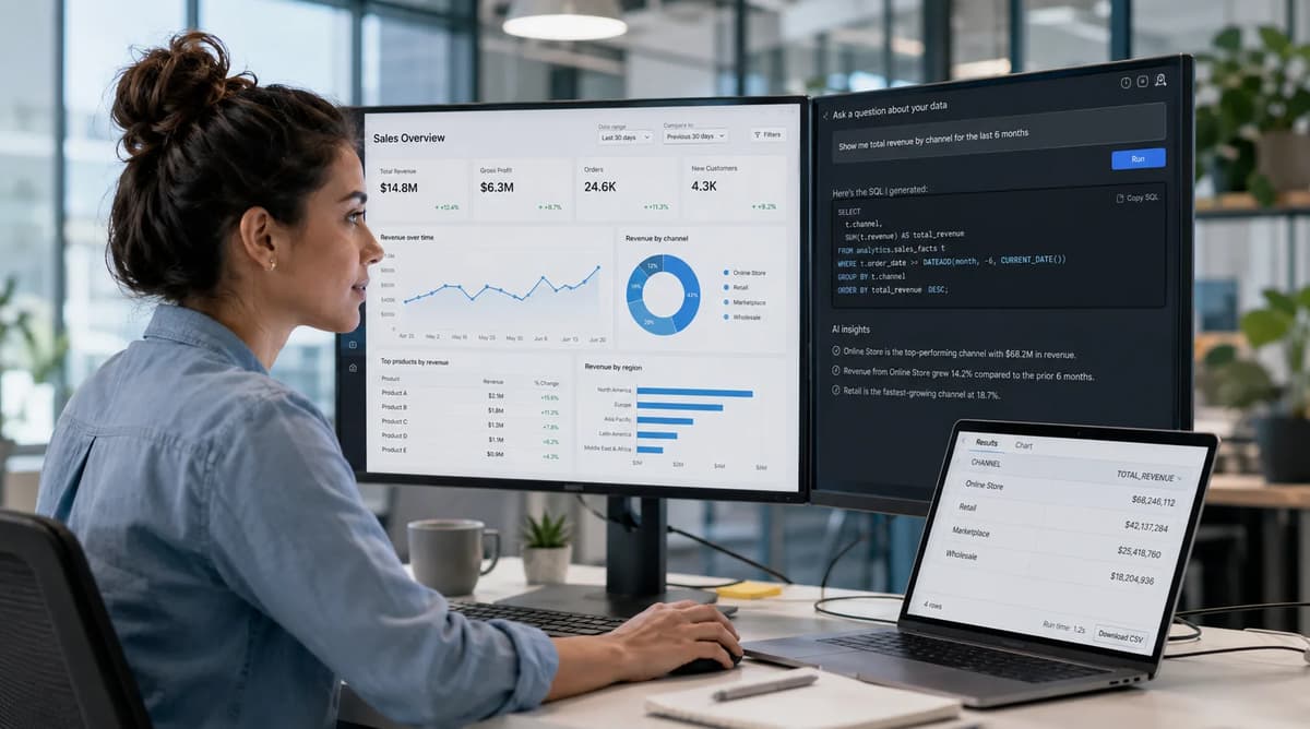 Data analyst reviewing AI-generated SQL and business dashboards for Snowflake Cortex AI