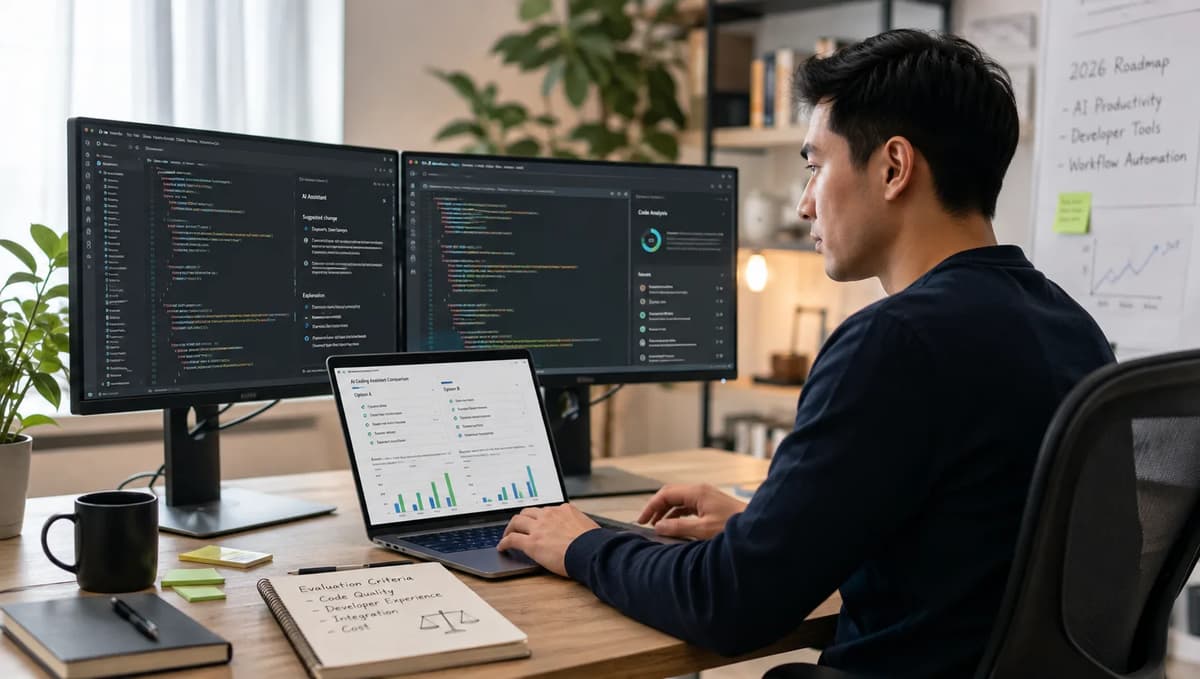 Software engineer comparing Cursor and GitHub Copilot AI coding assistants at a multi-monitor workstation