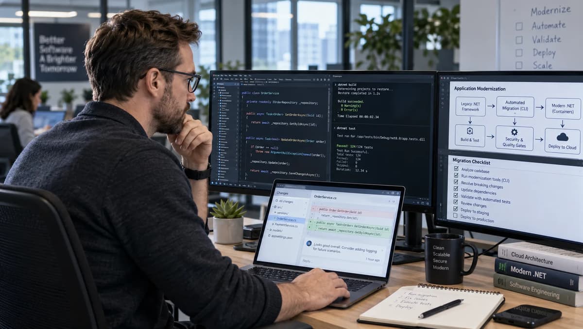 Software engineer reviewing .NET modernization code, automated test results, and deployment controls on multiple monitors