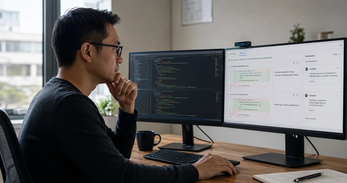 Software engineer reviewing duplicated AI-generated code in a pull request on dual monitors