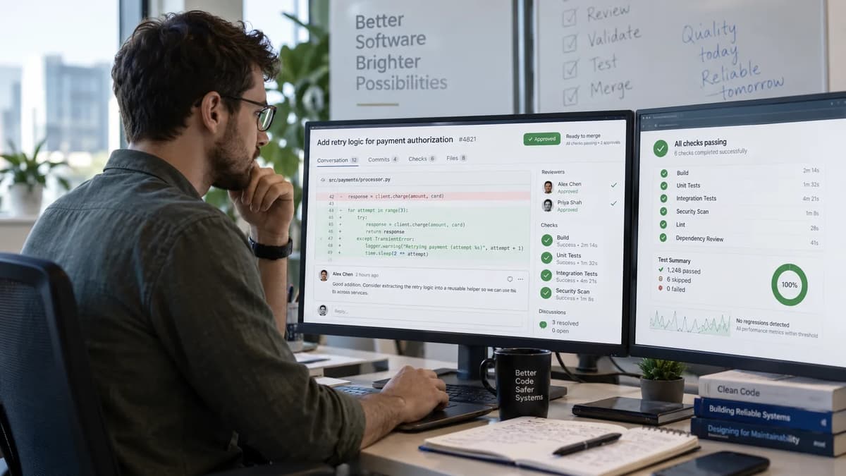 Software engineer reviewing pull request comments, approvals, and automated test results before merging code