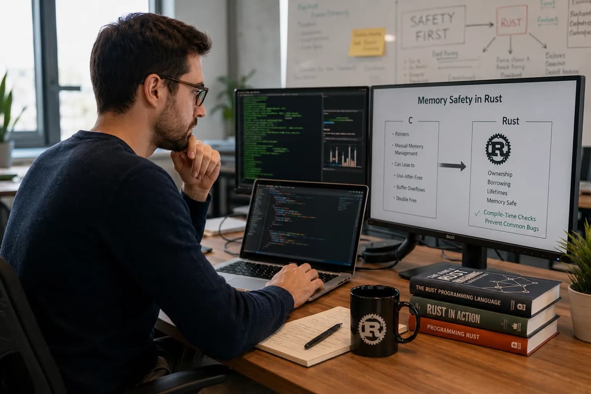 Software engineer analyzing Rust memory safety and Linux kernel code at a modern workstation