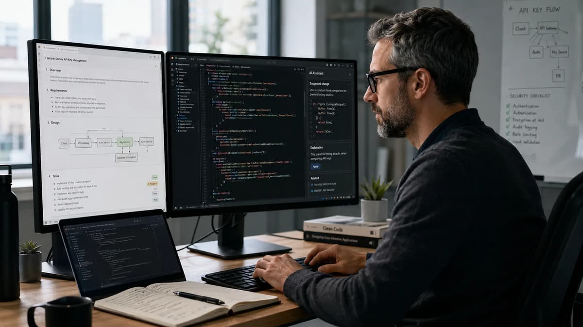 Experienced software engineer reviewing structured requirements and secure AI-generated code in a spec-driven development workflow