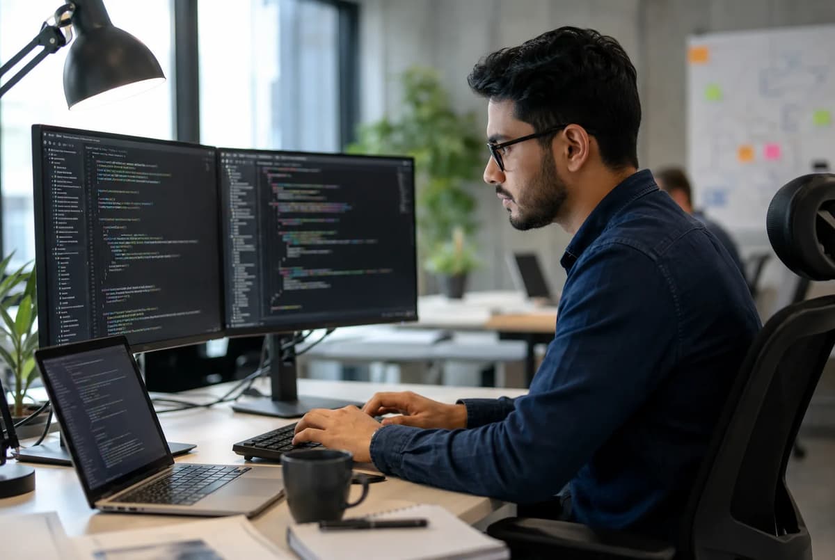 Software professional coding at a dual-monitor workstation in a modern office