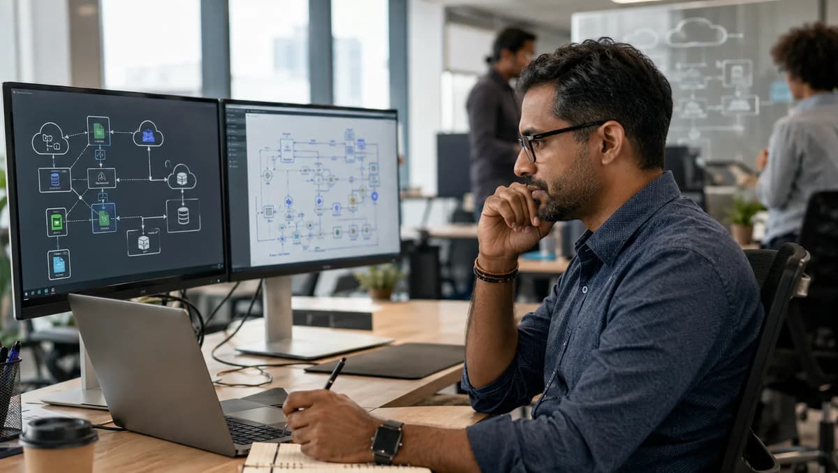 Solutions architect reviewing cloud architecture diagrams on dual monitors in a modern office