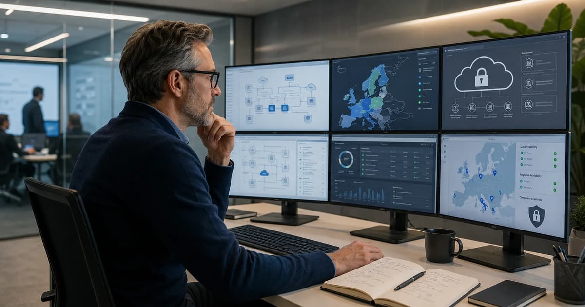 Cloud architect reviewing European sovereign cloud architecture, data residency, and security controls on multiple monitors