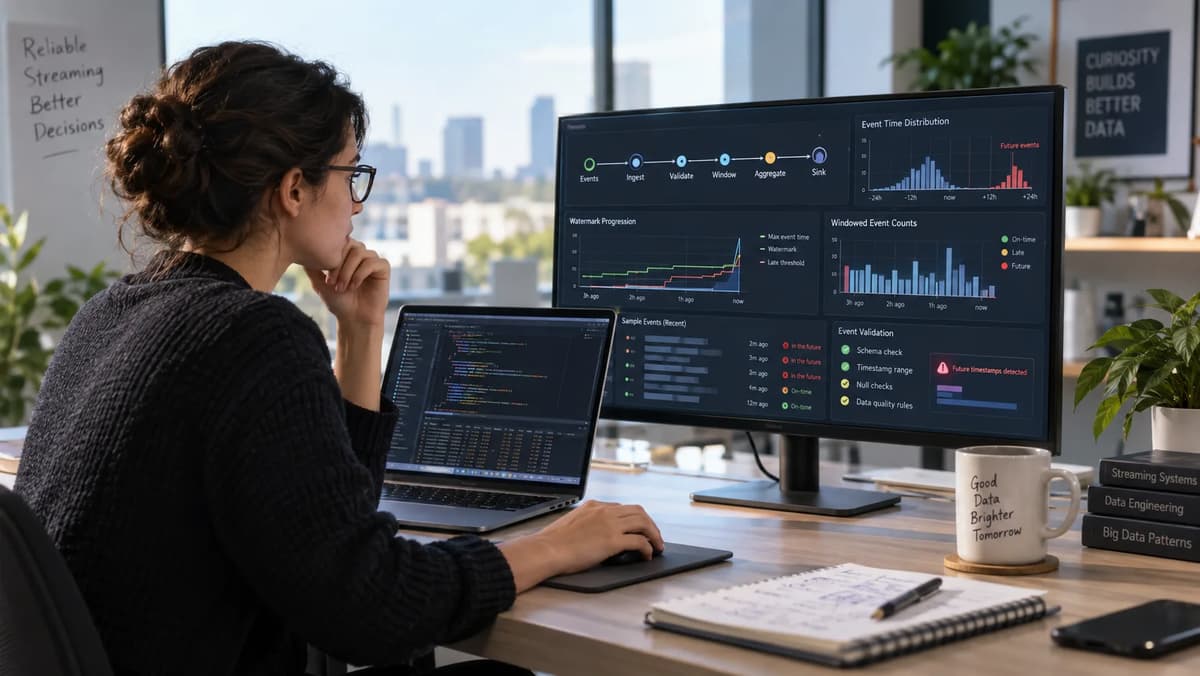 Data engineer monitoring Spark Structured Streaming watermarks and future-dated event validation on a workstation