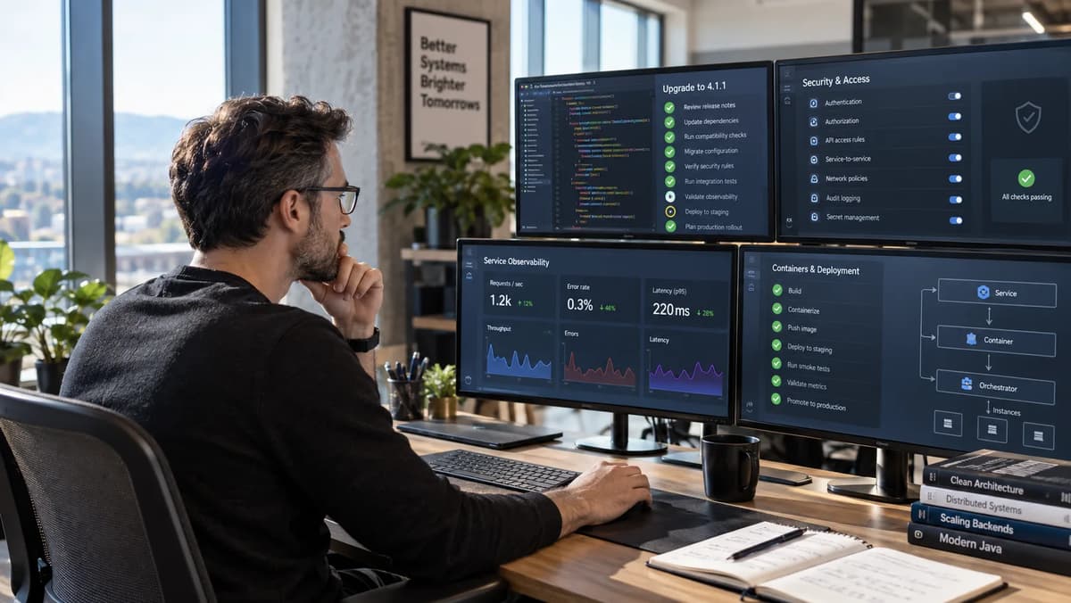 Software engineer reviewing Java code, security controls, and observability dashboards on multiple monitors during a Spring Boot migration.