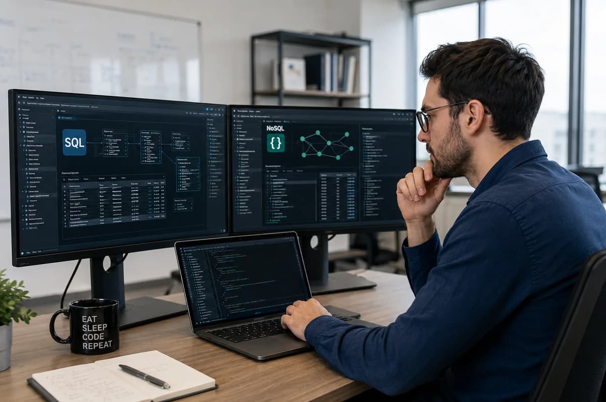 Database administrator comparing SQL and NoSQL systems on dual monitors in a modern office