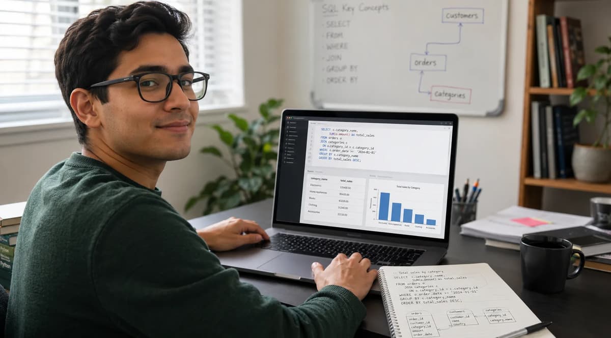 Data science learner writing SQL queries while reviewing relational tables and analytics results