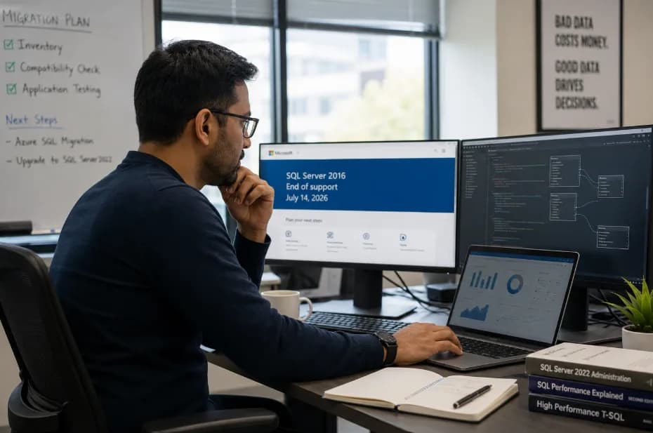 Database administrator planning a SQL Server 2016 migration while reviewing database dashboards and a migration checklist