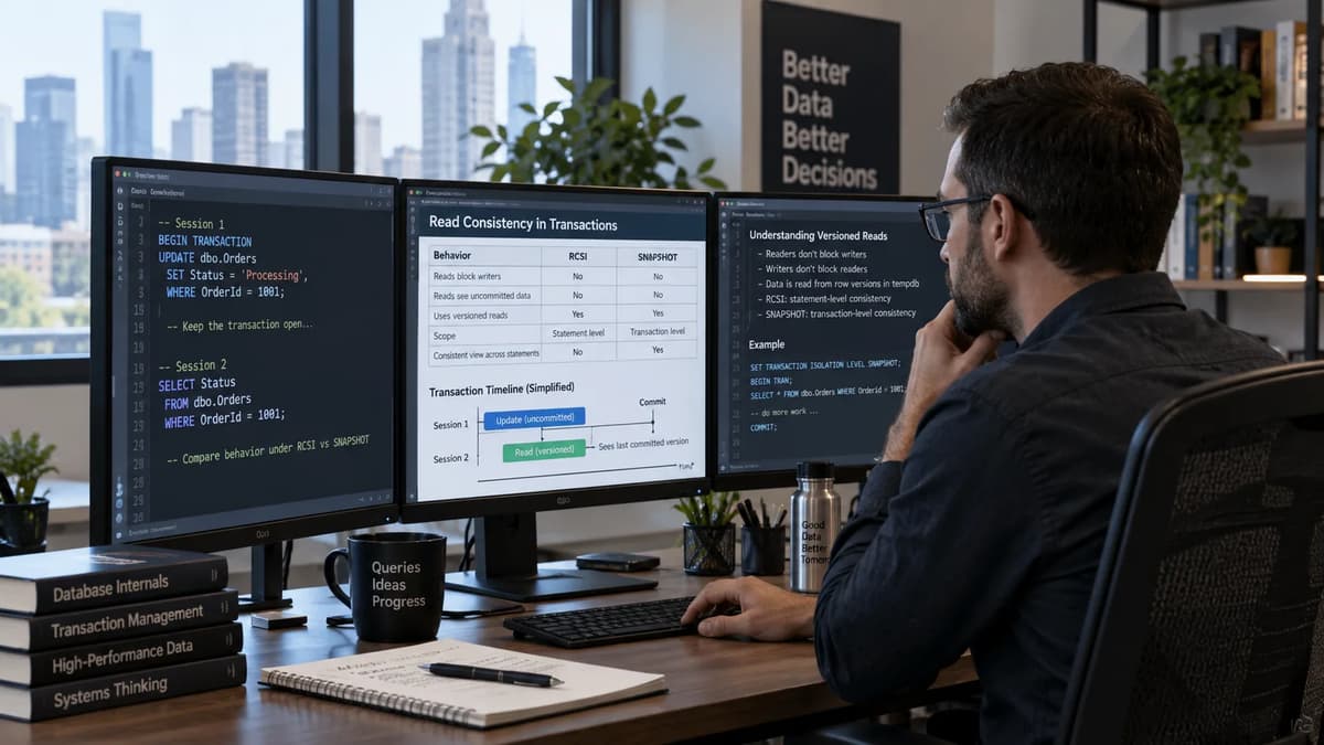 Database engineer comparing SQL Server RCSI and SNAPSHOT read consistency across two transaction sessions